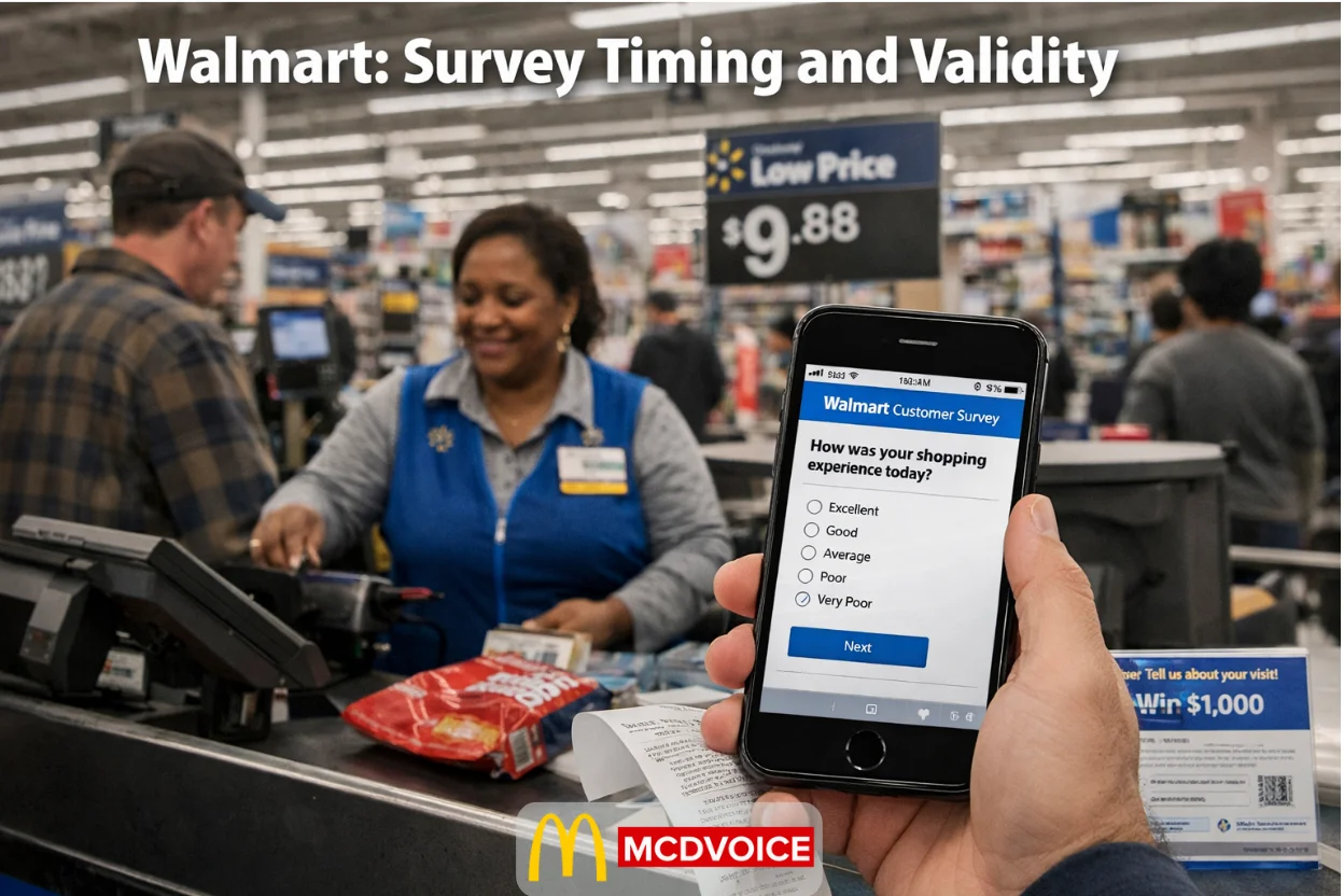 Customer holding phone with Walmart survey at checkout counter inside a Walmart store.