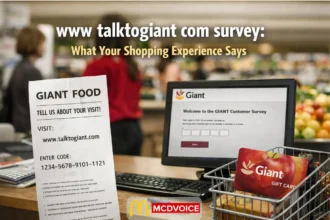 Giant Food customer survey receipt and checkout counter with screen showing the TalkToGiant survey inside a grocery store.