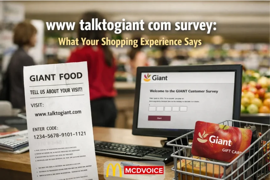 Giant Food customer survey receipt and checkout counter with screen showing the TalkToGiant survey inside a grocery store.
