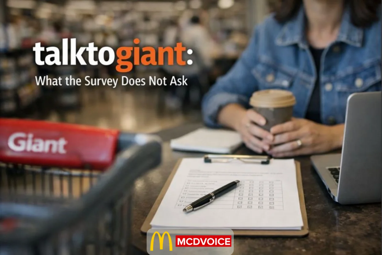 Customer survey clipboard on a table inside a Giant store, with shopping cart and laptop in the background.