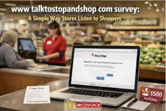 Stop & Shop customer survey displayed on a laptop at a grocery checkout counter with receipt and gift card nearby.