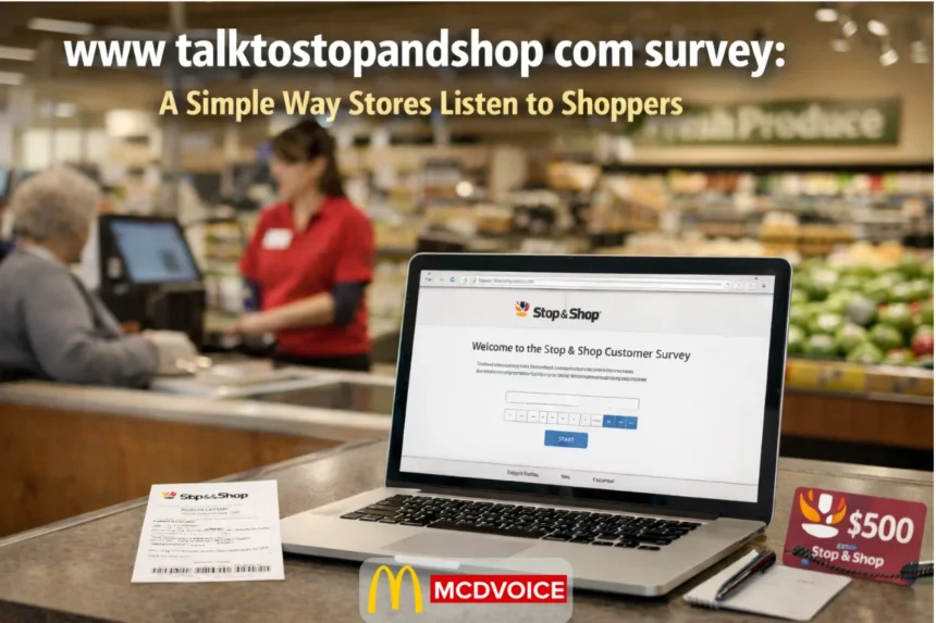 Stop & Shop customer survey displayed on a laptop at a grocery checkout counter with receipt and gift card nearby.