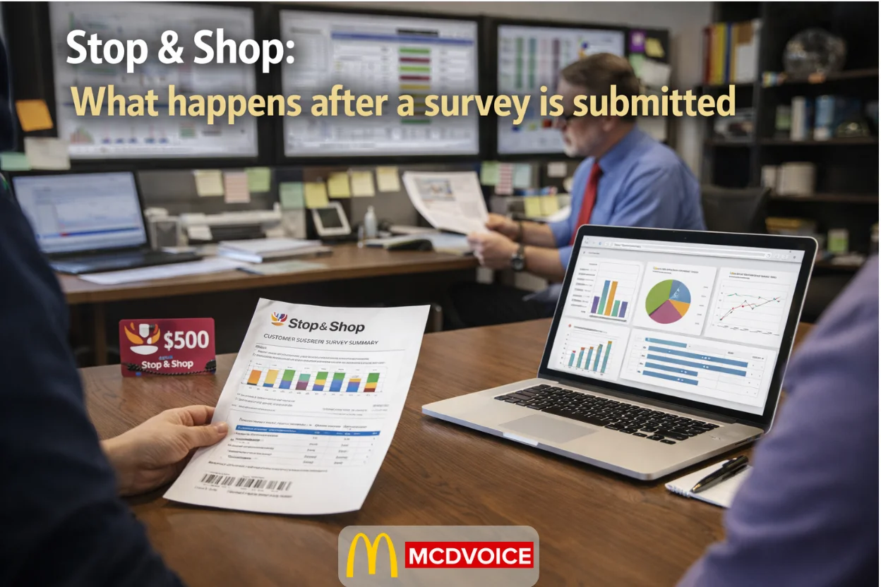 Stop & Shop team reviewing customer survey results on a laptop with printed feedback reports on a desk.