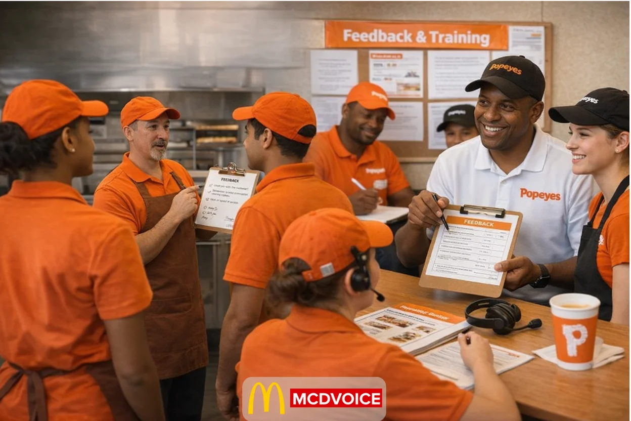 Popeyes team members reviewing feedback forms during an in-store staff training session.
