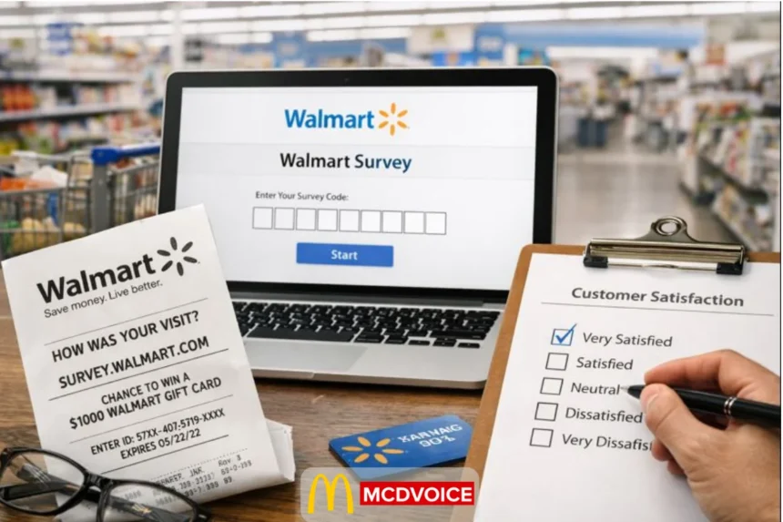 Walmart customer survey shown on laptop with receipt and satisfaction checklist on a table.