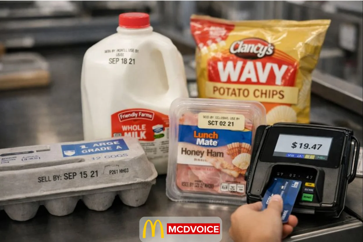 Aldi grocery items with visible expiration dates at checkout during card payment