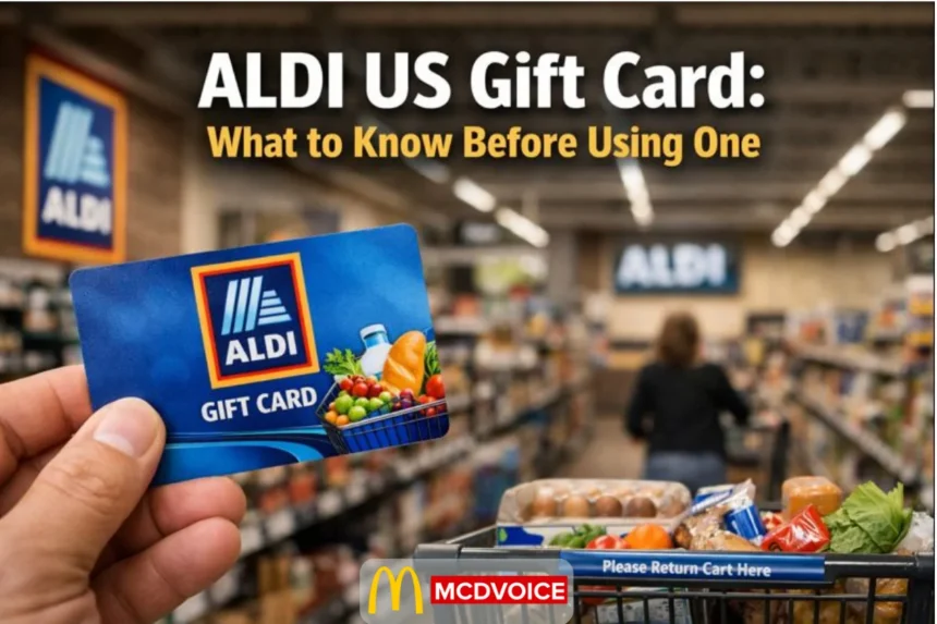 Person holding an Aldi US gift card inside an Aldi grocery store with shopping cart in the aisle.