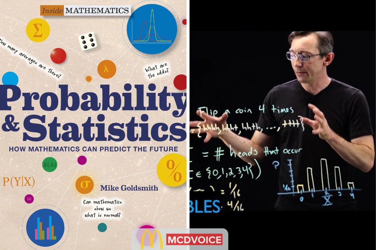 Probability and Statistics textbook with data charts